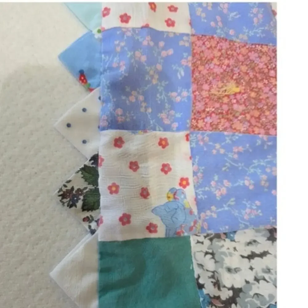 VTG Handmade Colorful Scrappy Memory Lap Blanket Crib Tied Quilt Granny Cottage